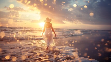 A serene scene of a woman in a white dress walking along the beach at sunset with sparkling light effects.