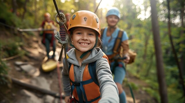 Young girl smiling while participating in a zip-lining adventure activity in a forest, wearing helmet and harness with others in the background.