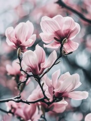 Obraz premium Vibrant pink flowers on a branch, suggesting spring and natural beauty.