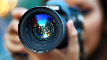Close-up of a camera lens capturing a blurred image of a forest and sky.