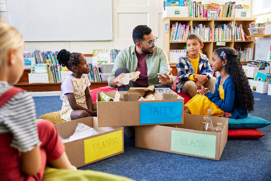 Teacher explains how to separate waste collection of paper, plastic and glass - Powered by Adobe