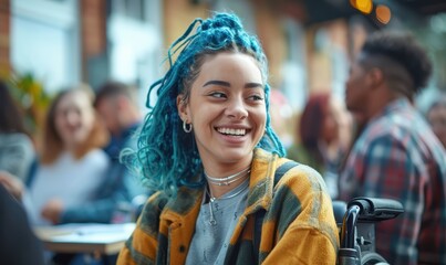 Fototapeta premium Happy disabled black girl in a wheelchair with carer. Mother caring for handicapped daughter. Inclusion & diversity