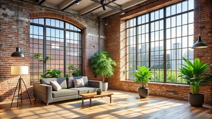 interior of the big room with a brick wall empty room with big window in loft style brick wall with plant in a modern interior