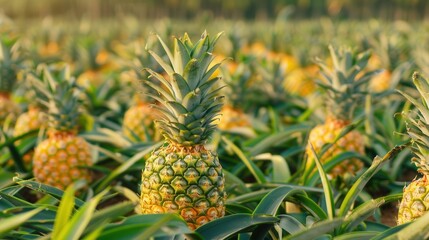 Obraz premium Fresh pineapple fruit growing in plantation field in farm