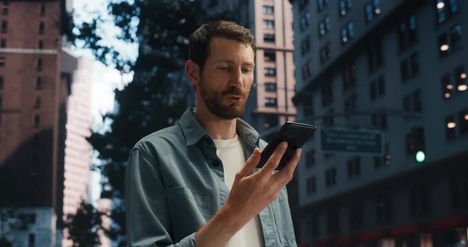 A Man Interacts With an Ai Assistant on His Smartphone, Navigating City Streets While Using Ai for Chatting, Searching, and Receiving Support, Smart Integration of Artificial Intelligence Technology