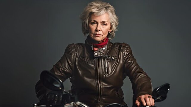 a badass senior woman with a leather jacket under jacket, motorcycle helmet tilted