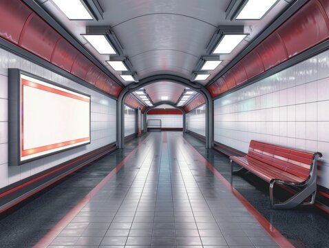 An empty subway platform at night.