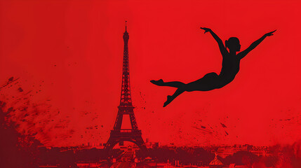 Artistic Gymnastics: A minimalistic illustration of a gymnast performing a split leap with the Eiffel Tower behind on a red background.


