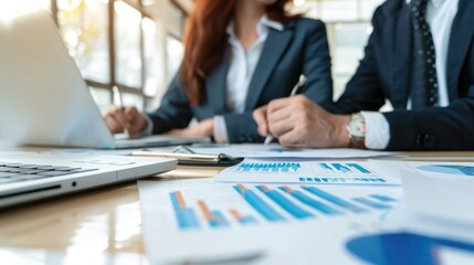 Close-up of a laptop and financial documents on a table in a modern office, blurred business people in the background.