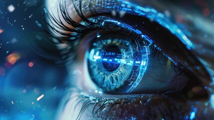 Close-up of a human eye with futuristic blue glowing digital interface overlay.