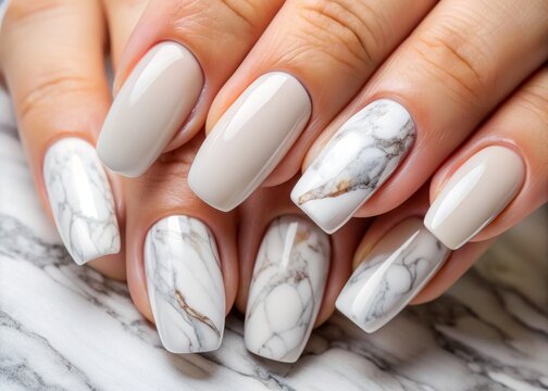 Elegant female hand showcases a luxurious marble-patterned gel polish nail design, featuring a crisp white base, set against a sleek salon backdrop, exuding sophistication.