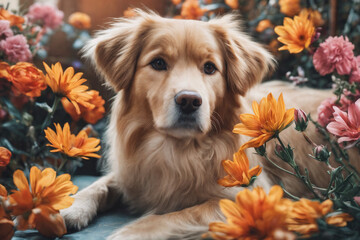 A painting of a dog surrounded by flowers, dog portrait painting.