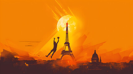 Volleyball: A minimalistic illustration of a player spiking the ball with the Eiffel Tower in the background on an orange background.


