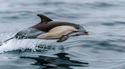 Fototapeta premium A dolphin leaps high out of the water during a performance in a pool