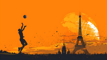 Volleyball: A minimalistic illustration of a player spiking the ball with the Eiffel Tower in the background on an orange background.


