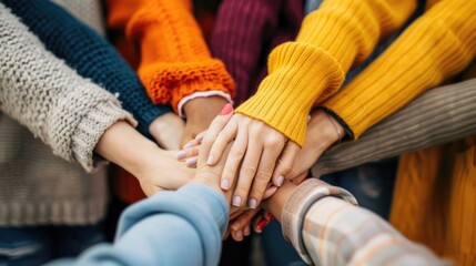 Close-up of diverse hands forming a circle.