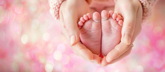 Baby feet in to mothers hands. Happy Family concept. Beautiful conceptual image of Maternity. Mothers Day. Selective focus.