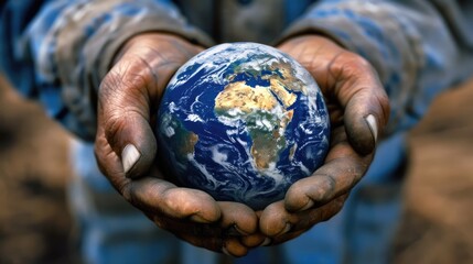Close-up of rough hands holding a globe, emphasizing the fragility of the planet.