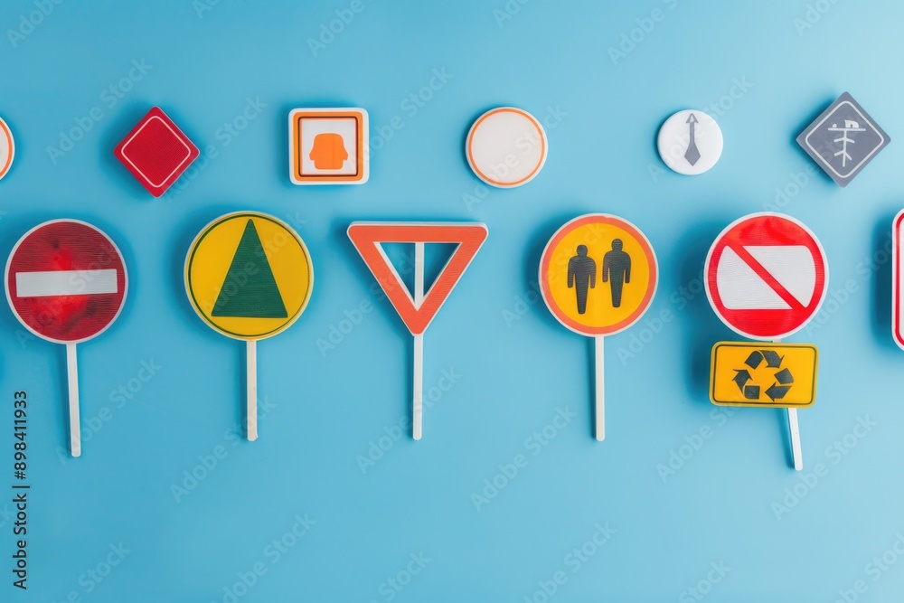 Wall mural photo of various traffic signs on light blue background