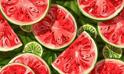 watermelon fruit illustration background pattern. Juicy and healthy summer food diet, half cut slice circles, green color backdrop