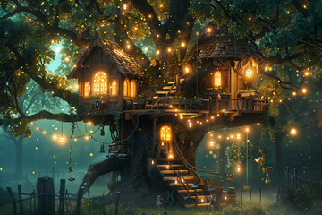 Obraz premium tree house in a forest digital art, painting, 3d illustration