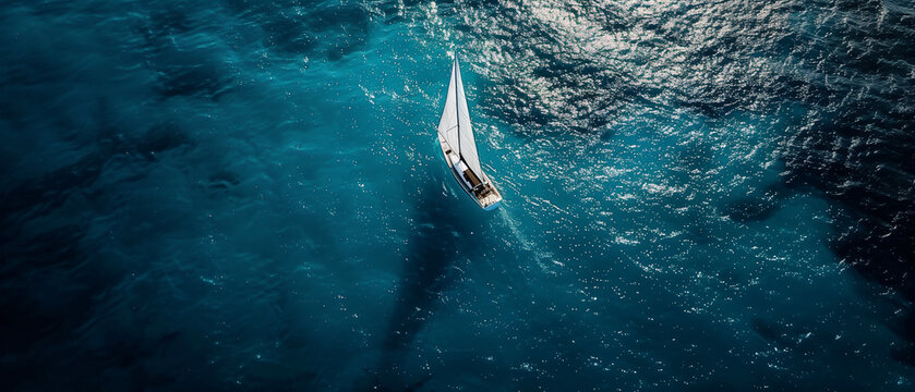 ariel view of lonely sailing yacht on the sea