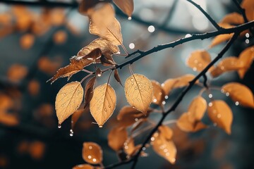 Autumn leaves on a branch, speckled with dew, against a softly blurred background, capturing the season's essence.