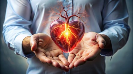 A delicate, glowing heart surrounded by wispy, dark veins and arteries, suspended in a masculine hand, symbolizing cardiovascular disease and health concerns.