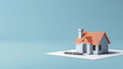 Minimalist house model with pen on a white sheet, on a blue background.