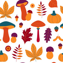 Autumn leaves, mushrooms, acorns, flowers, pumpkin seamless pattern. Foliage ornament with botanical fall doodles and stickers. Golden cozy season. Forest. Vector background, digital paper, wallpaper.