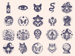 Set of mystical symbols, moon phases, crystals, witchy hands, crystal balls, wolf, mushroom, poison, celestial tattoo silhouette