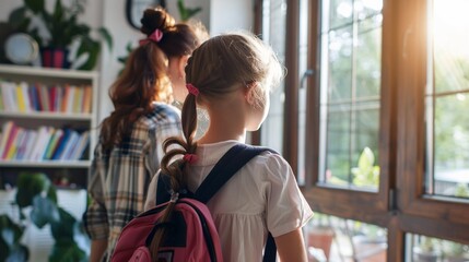 Two young girls with backpacks stand by a sunlit window in a cozy home study area, ready for school. Bookshelves and plants create a warm learning atmosphere.