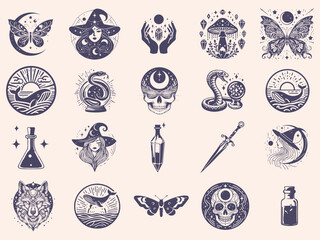 Set of mystical symbols, moon phases, crystals, witchy hands, crystal balls, wolf, mushroom, poison, celestial tattoo silhouette