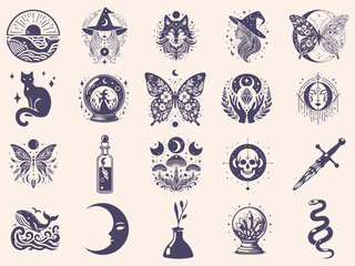 Set of mystical symbols, moon phases, crystals, witchy hands, crystal balls, wolf, mushroom, poison, celestial tattoo silhouette