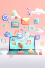 Floating online product icons from a laptop screen, highlighting multi-channel marketing, 3D animation render,