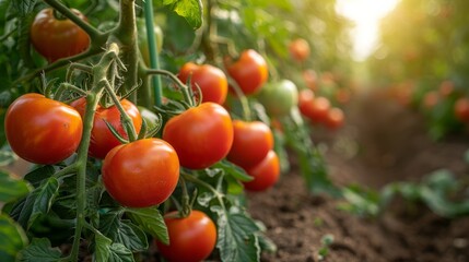 Lush tomato plants thriving in greenhouse, ripe fruit ready for harvest. Vibrant red and green colors against organic backdrop. Captures sustainable agriculture and farm to table movement