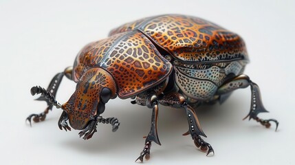 Extreme closeup of a beetles exoskeleton, highlighting the metallic luster and complex patterns