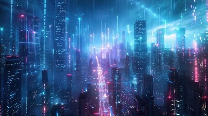 futuristic cityscape with glowing neon circuit patterns integrated into skyscrapers holographic data streams flowing between buildings against a night sky