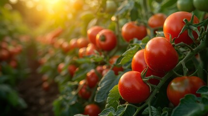 Rows of tomato plants laden with ripe red tomatoes growing on the vine in a greenhouse, bathed in the golden glow of sunset