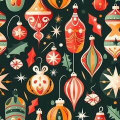 A seamless pattern with Christmas ornaments and wrapping paper in bold, vibrant colors, arranged in a dynamic design