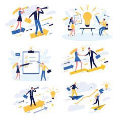 Business concept. Team metaphor. People connect puzzle elements. Flat illustration in flat design style. Teamwork, collaboration, partnership. Businessmen working together and moving towards success.