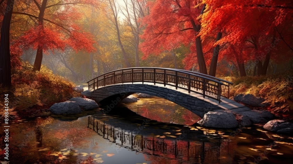 Poster a serene lake bridge surrounded by a fall forest