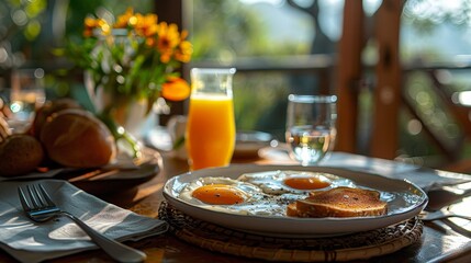 A table set for breakfast with eggs, toast, and orange juice
