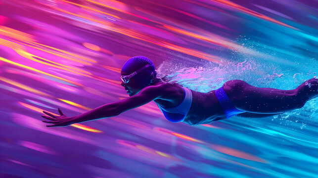 Female swimmer stroking in the water vibrant purple background