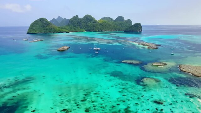 View from the dran, flight over tropical islands with green jungles and white beaches and clear blue waters.
Concept: exotic vacation and ecotourism