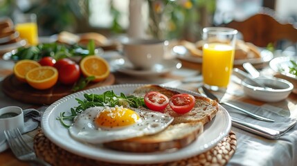 A table set for breakfast with eggs, toast, and orange juice