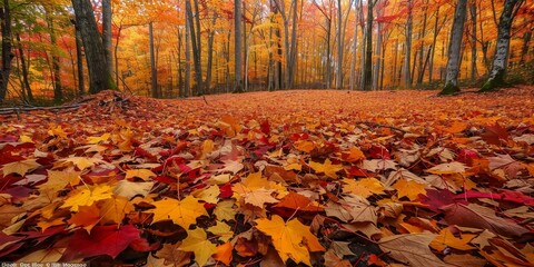 Dry maple leaves cover the forest path in autumn, creating an enchanting atmosphere.