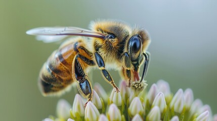 Highdefinition macro shot of a honeybee on a flower, focusing on its fuzzy texture and compound eyes as it collects pollen