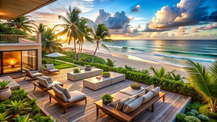 Naklejka premium Luxurious beachfront house boasts a stunning backyard with a sandy lounge area surrounded by lavish greenery and offering breathtaking ocean views and serene atmosphere.