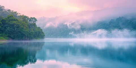 Fototapeta premium The refreshing morning mist covers the calm waters, and the sky and trees can be seen in the distance.